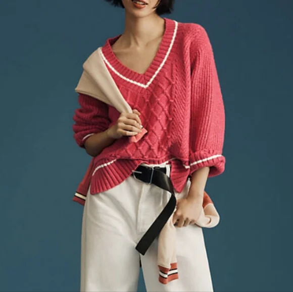 Anthropologie Maeve The Tillie V-Neck Cableknit Pullover Sweater in Pink - Picture 1 of 10